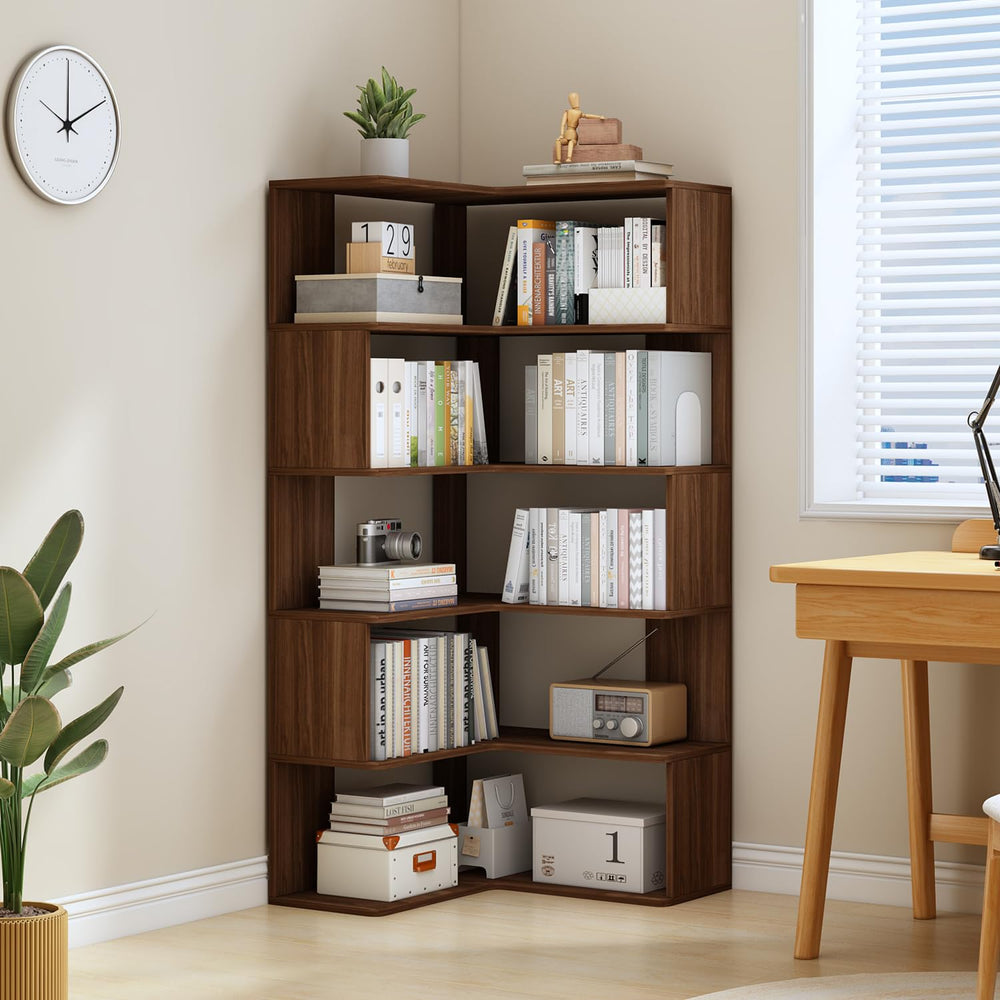 6-Tier L-Shaped Corner Bookshelf, 66" Tall