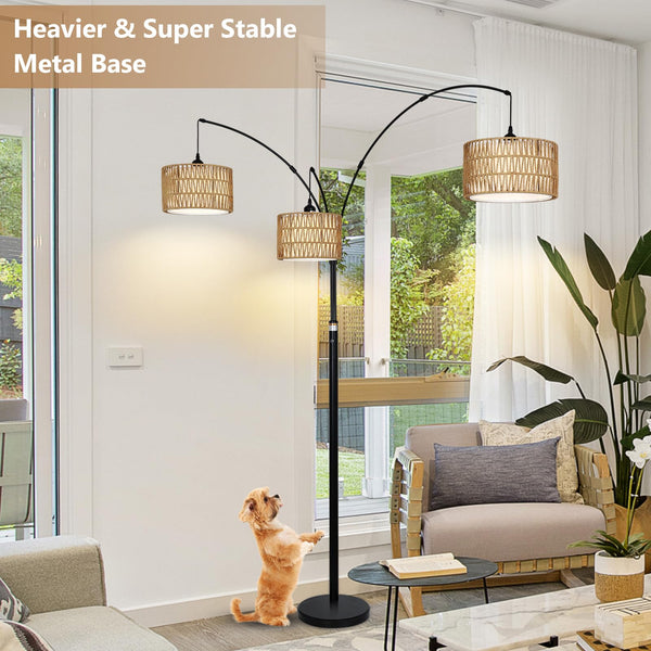 3-Light Dimmable Arc Floor Lamp with Rattan & Fabric Shades