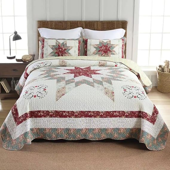Floral Patchwork Cotton Quilt Set – 3-Piece Reversible Bedding Coverlet