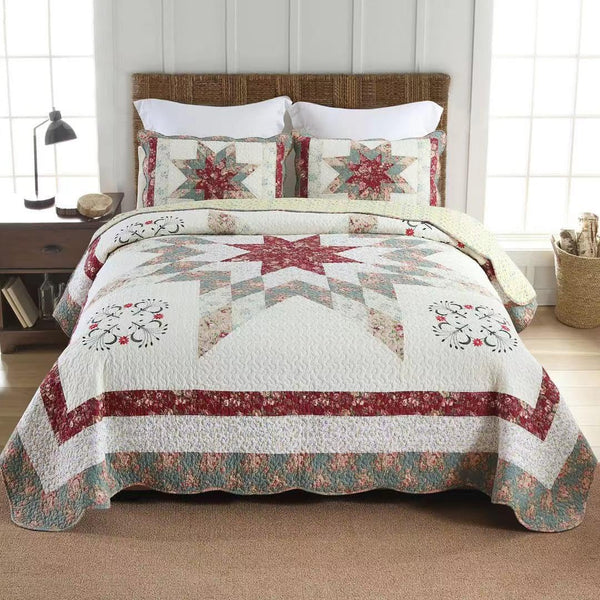 Floral Patchwork Cotton Quilt Set – 3-Piece Reversible Bedding Coverlet