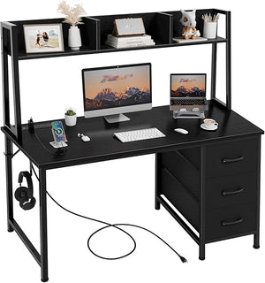 47 Inch Computer Desk with Hutch, Drawers & Power Outlets