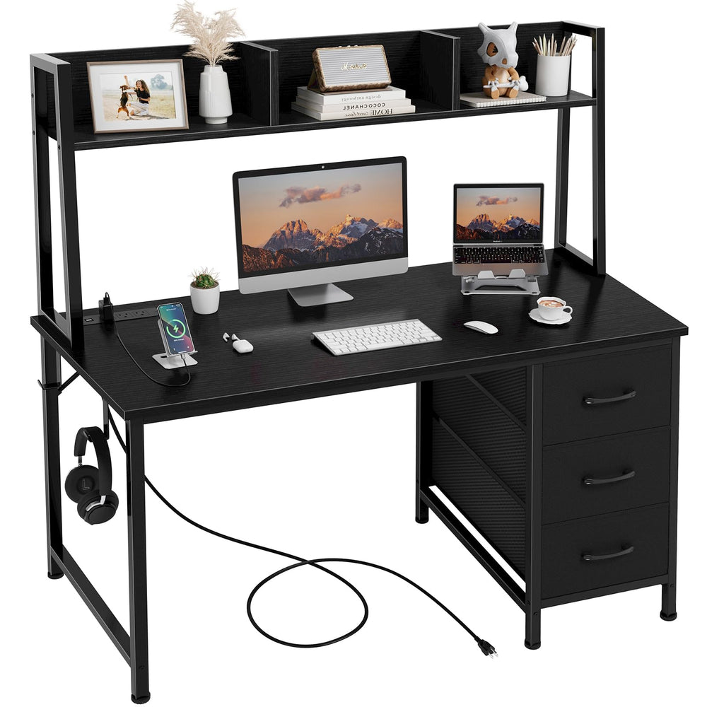 Computer Desk with Hutch & Drawers – 47 Inch, Power Outlets, 3 Storage Drawers