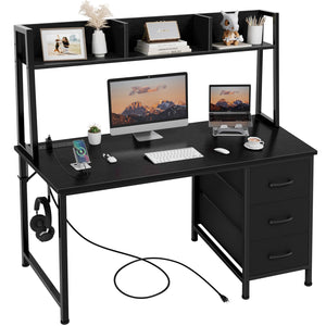 Computer Desk with Hutch & Drawers – 47 Inch, Power Outlets, 3 Storage Drawers
