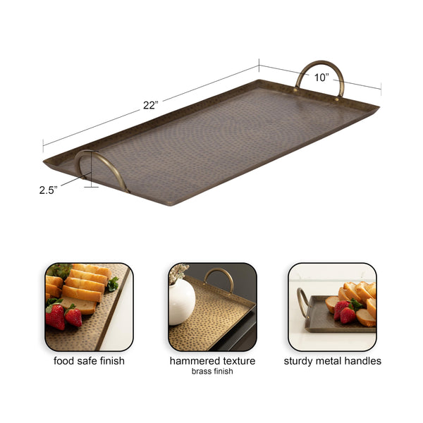 Hammered Rectangle Metal Decorative Tray with Handles