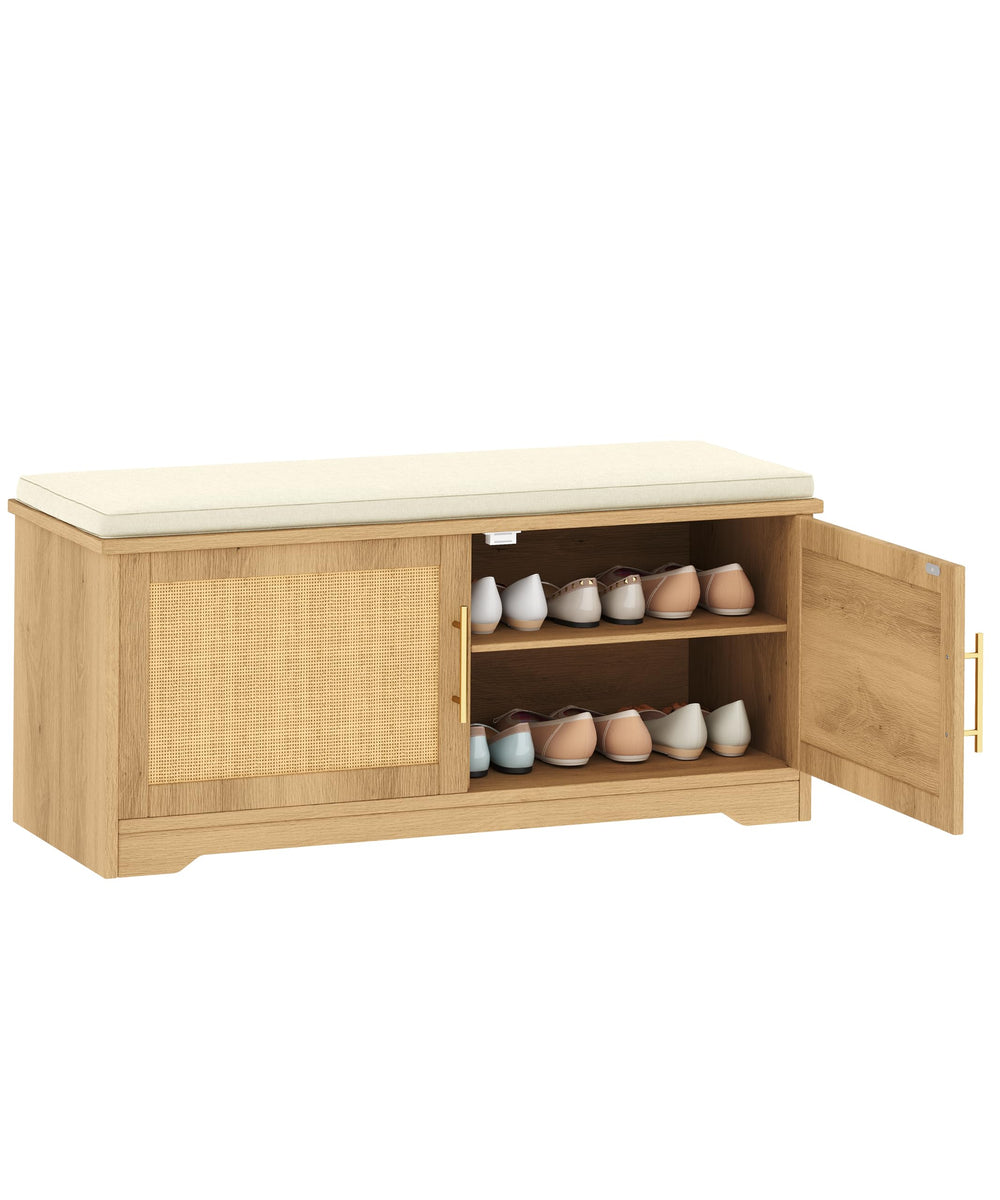 Rattan Shoe Storage Bench with Cushion & Adjustable Shelf