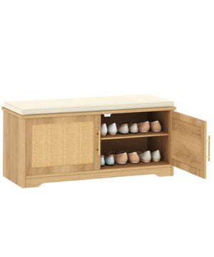 Rattan Shoe Storage Bench with Cushion & Adjustable Shelf