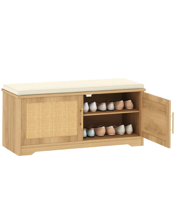 Rattan Shoe Storage Bench with Cushion & Adjustable Shelf