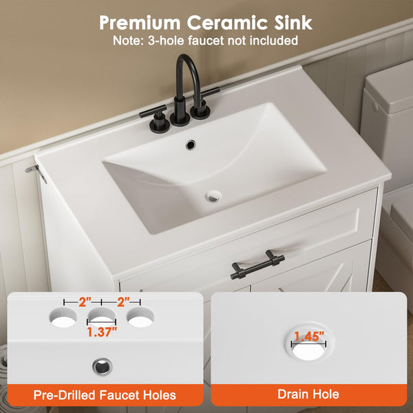 30-Inch Farmhouse Bathroom Vanity with Ceramic Sink