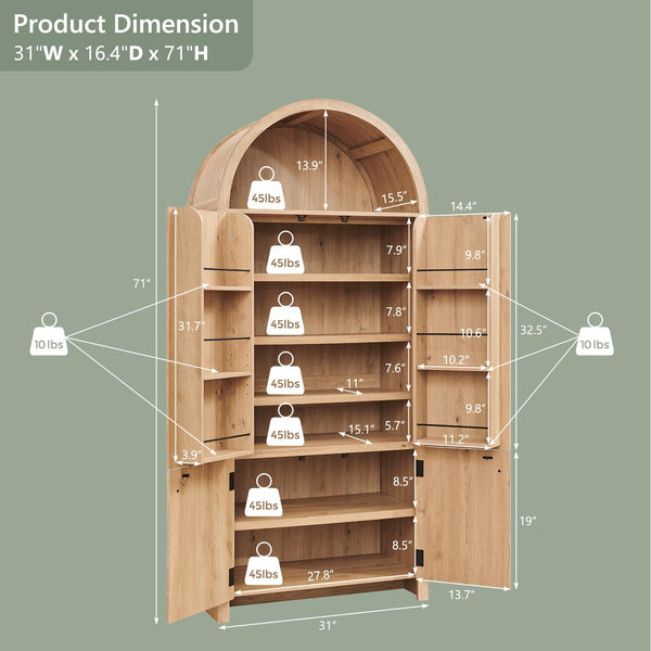 71" Tall Arched Kitchen Pantry Cabinet with Fluted Doors & Adjustable Shelves
