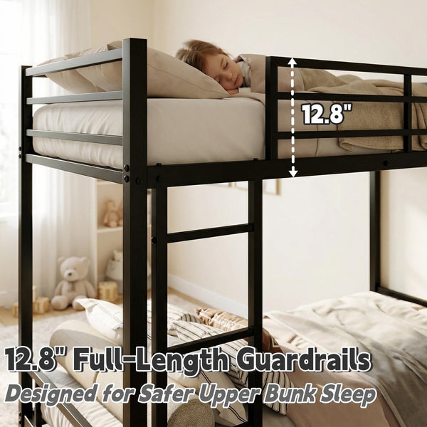 Twin Over Twin Low Bunk Bed Frame – Heavy-Duty Metal with Guardrails