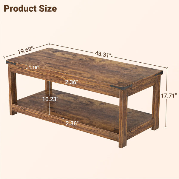 Farmhouse Coffee Table with Open Storage Shelf — 43" Rectangular