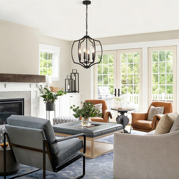 4-Light Black Farmhouse Lantern Chandelier with Geometric Cage