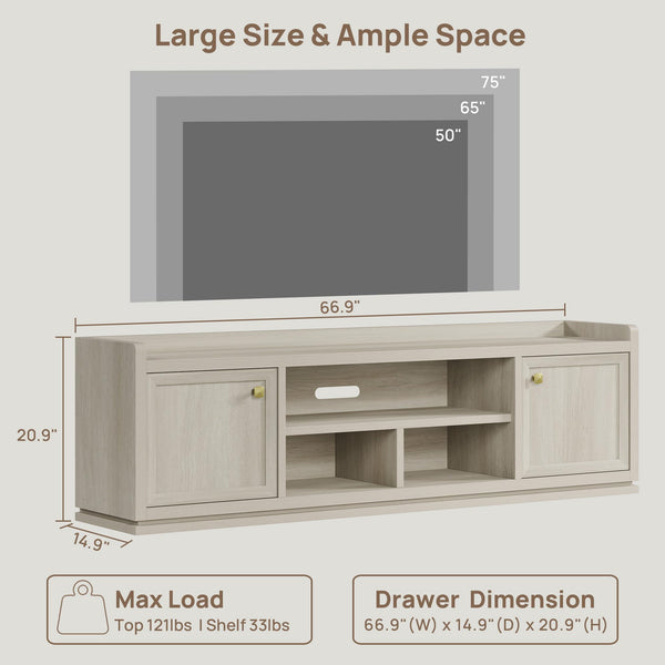 67" Fluted TV Stand with Cabinets & Open Shelves