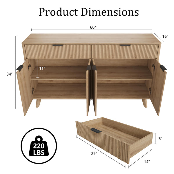 60" Buffet Sideboard Cabinet with Drawers & Wave Doors