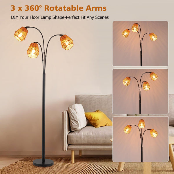 Arc Floor Lamp with Rattan Shades & Rotatable Arms