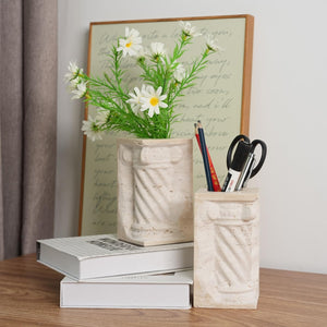 Marble Bookends with Pen Holder & Vase – Set of 2