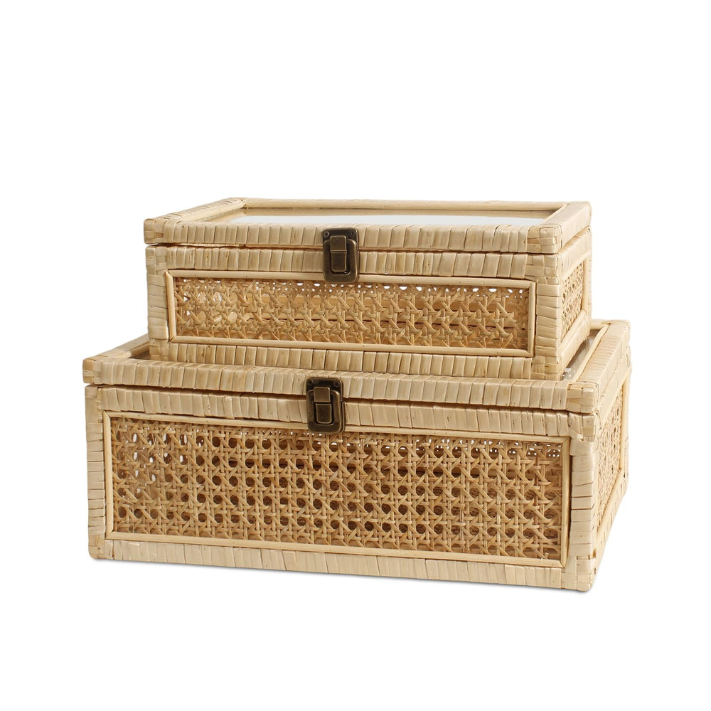 Rattan Decorative Boxes with Glass Lids – Set of 2