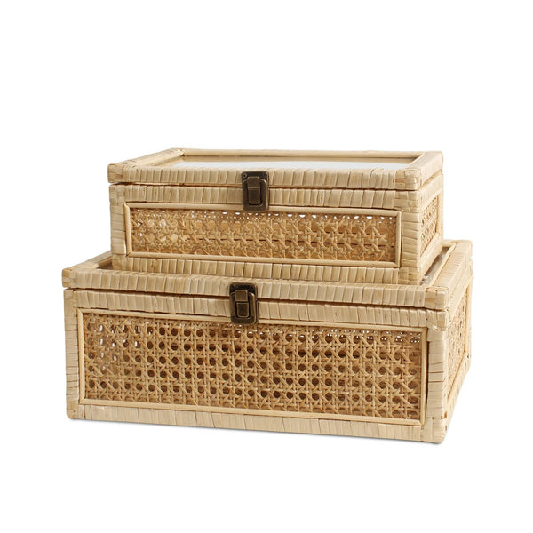 Rattan Decorative Boxes with Glass Lids – Set of 2