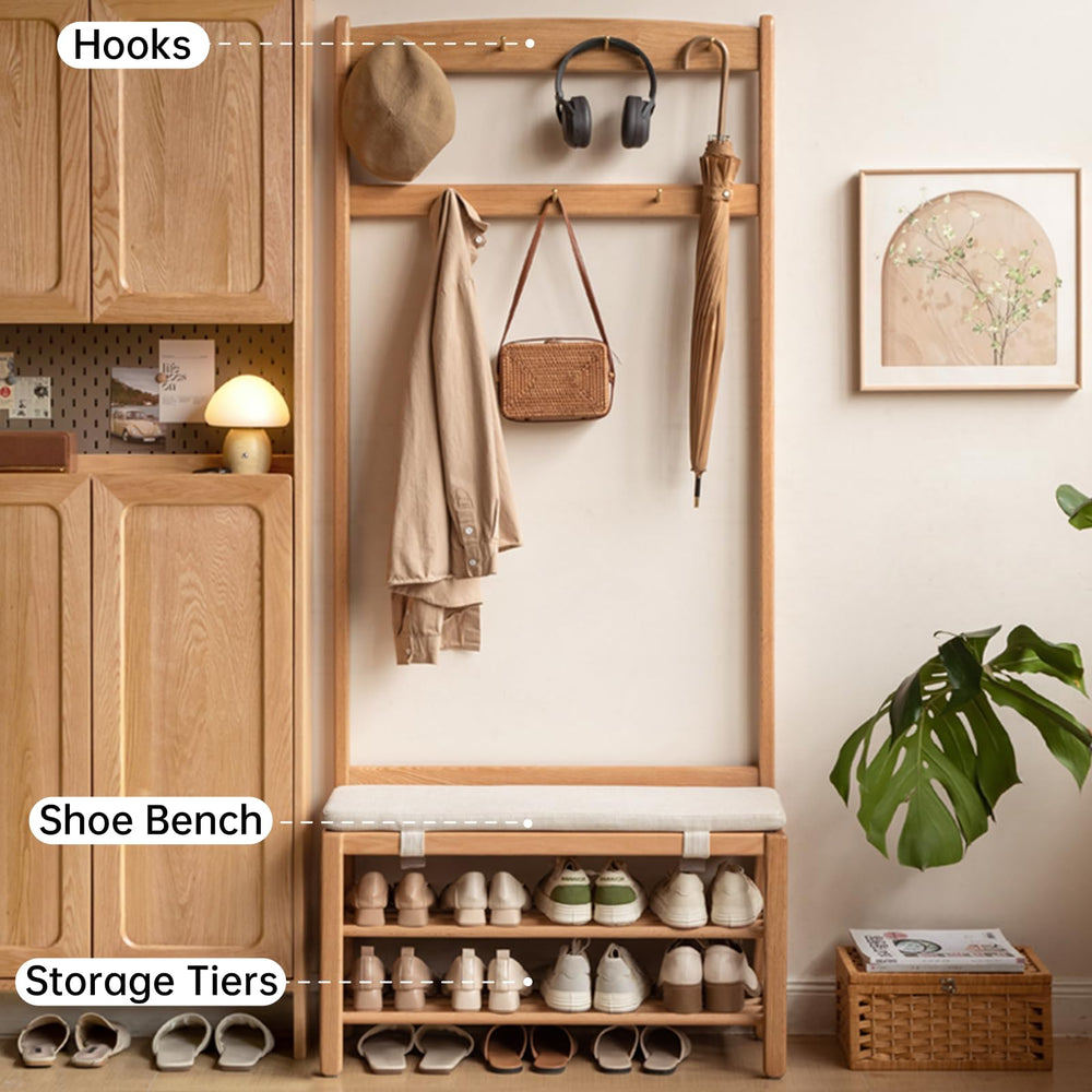 Solid Oak Hall Tree with Shoe Bench, 2-Tier Shoe Rack & 7 Hooks – Natural