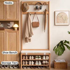 Solid Oak Hall Tree with Shoe Bench, 2-Tier Shoe Rack & 7 Hooks – Natural