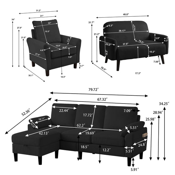 4-Piece Corduroy Living Room Set – Sofa, Loveseat, Chair & Ottoman