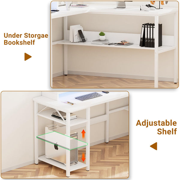 L-Shaped Computer Desk with Power Outlets & Monitor Stand
