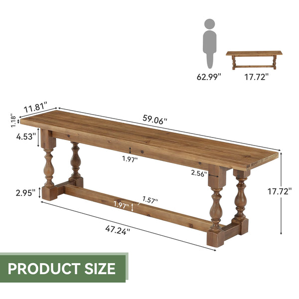 Rustic Solid Wood Entryway Bench – 59.1" Farmhouse Seat with Turned Legs