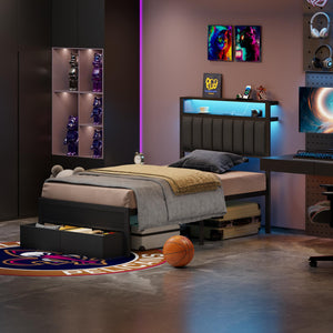 Twin Platform Bed with LED Lights, Charging Station & Storage Drawers