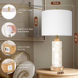 Alabaster & Wood Table Lamp Set of 2 with USB Ports & Night Light