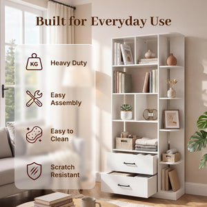 5-Tier Bookshelf with 2 Fabric Drawers – White & Black
