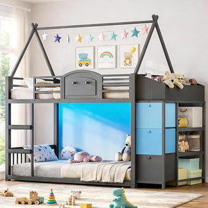 Twin Over Twin House Bunk Bed with Storage Drawers, LED Lights & Stairs