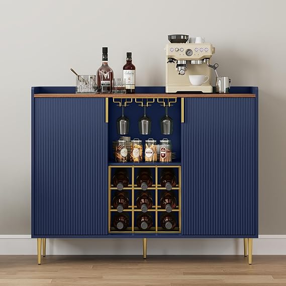 Wine Bar Cabinet with Fluted Panels, Wine Rack & Glass Holder