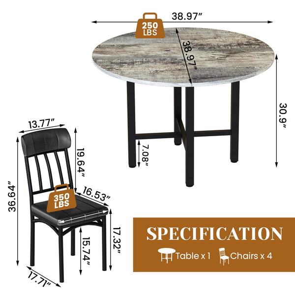 Round Dining Table Set for 4 with Faux Leather Chairs