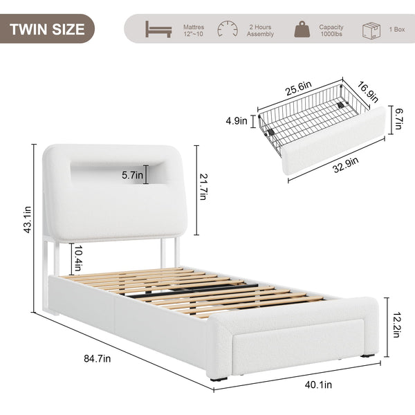 Twin Platform Bed Frame with LED Light, Charging Station, Storage Headboard & Drawer