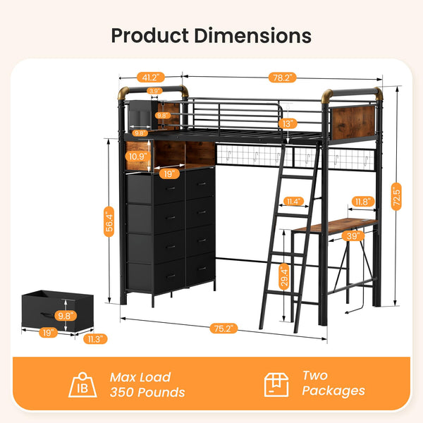 Twin Loft Bed with Desk and Storage