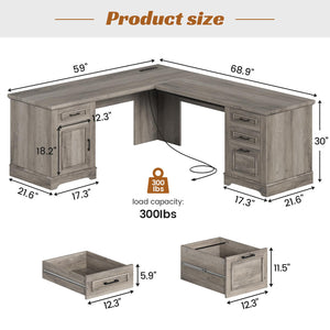 L-Shaped Executive Desk with Drawers, Storage Cabinet & Power Outlet