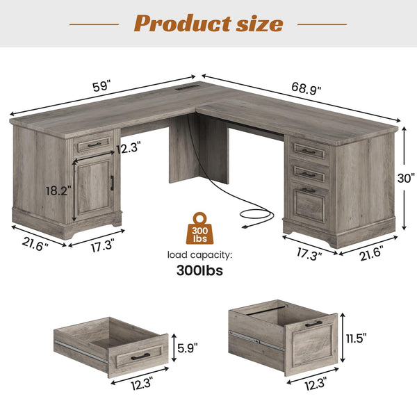 L-Shaped Executive Desk with Drawers, Storage Cabinet & Power Outlet