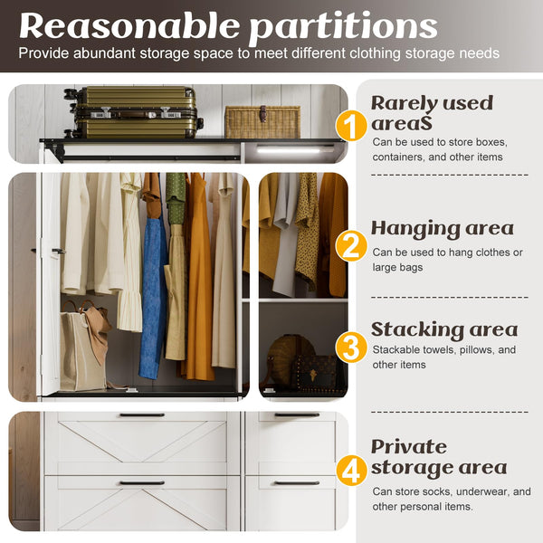 Sliding Barn Door Wardrobe Closet with Mirror & Sensor Lights
