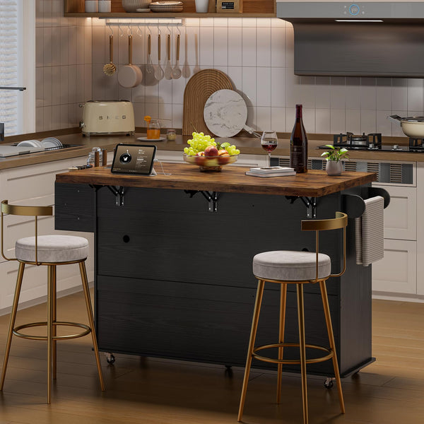 60" Kitchen Island Cart with Power Outlet & Drop Leaf