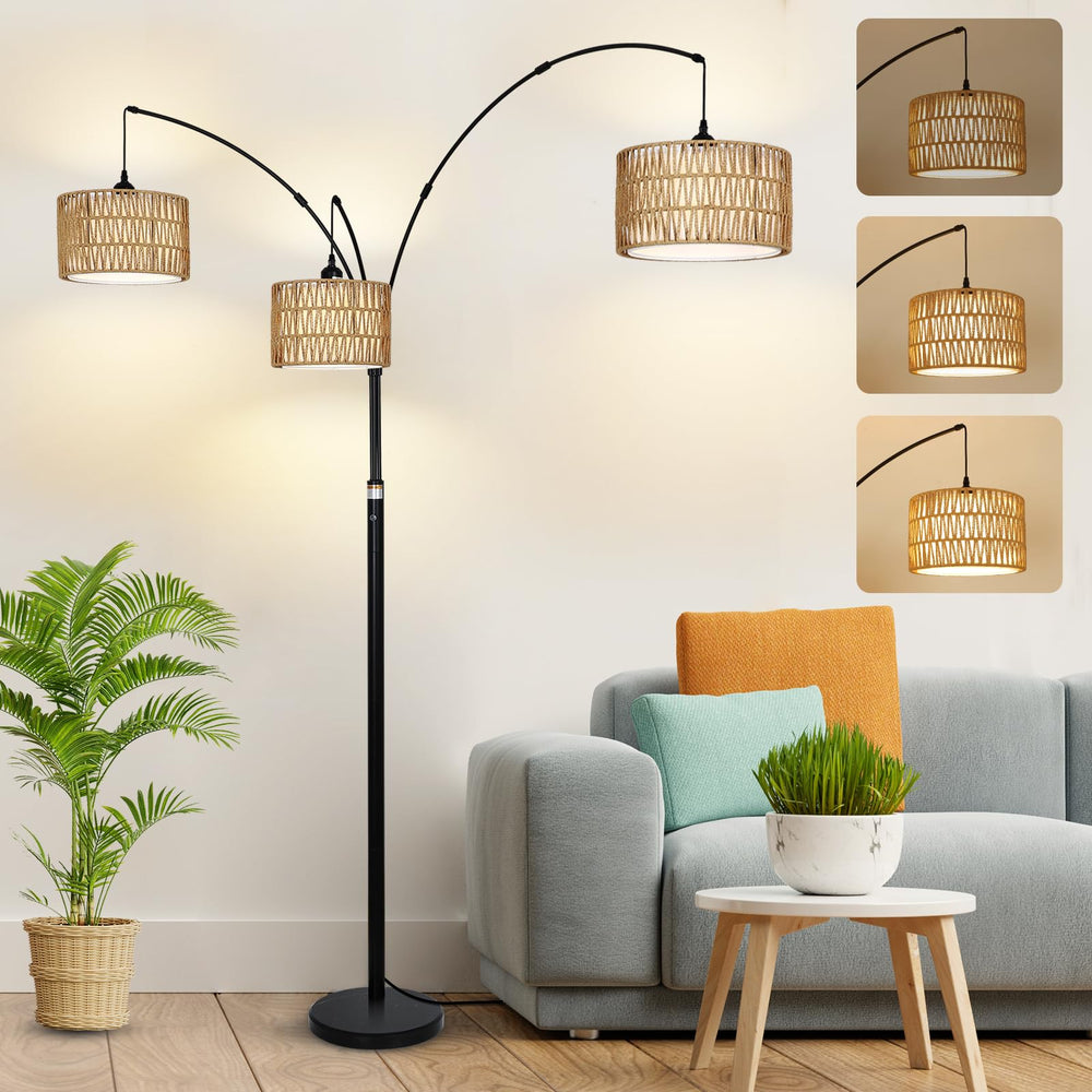 3-Light Dimmable Arc Floor Lamp with Rattan & Fabric Shades