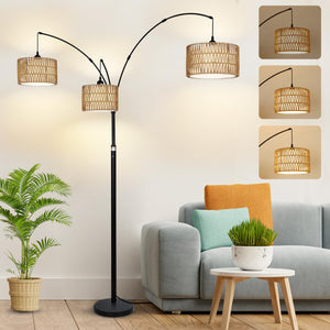 3-Light Dimmable Arc Floor Lamp with Rattan & Fabric Shades