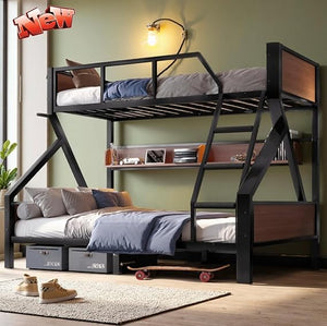 Metal Bunk Bed with LED Light & Storage Shelf