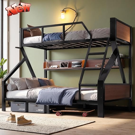 Metal Bunk Bed with LED Light & Storage Shelf