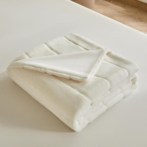 Cream White Faux Rabbit Fur Throw Blanket