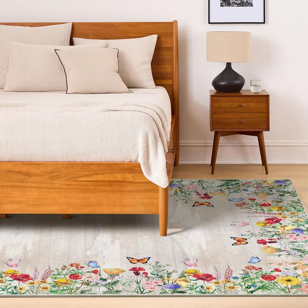 Spring Floral Washable Area Rug – Low Profile Indoor Rug