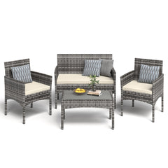 4-Piece Outdoor Wicker Patio Conversation Set with Cushions & Table