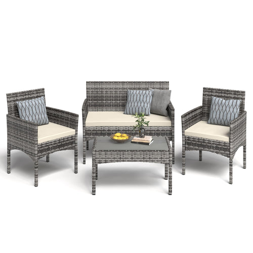 4-Piece Outdoor Wicker Patio Conversation Set with Cushions & Table