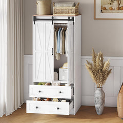 Farmhouse Wardrobe Armoire with Sliding Barn Doors & Drawers