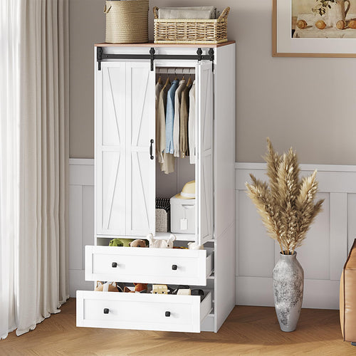 Farmhouse Wardrobe Armoire with Sliding Barn Doors & Drawers