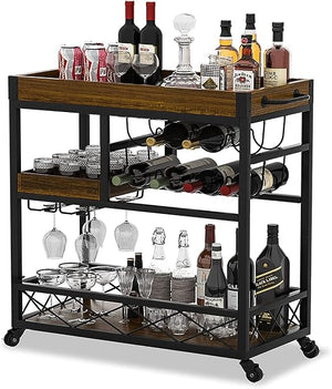 Rolling Kitchen Bar Cart with Wine Rack & Removable Trays